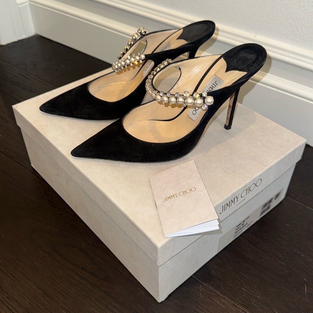 Jimmy Choo Bing 100 Mule Pearl & Crystal Pointed-Toe Slip On Pumps Size 37.5